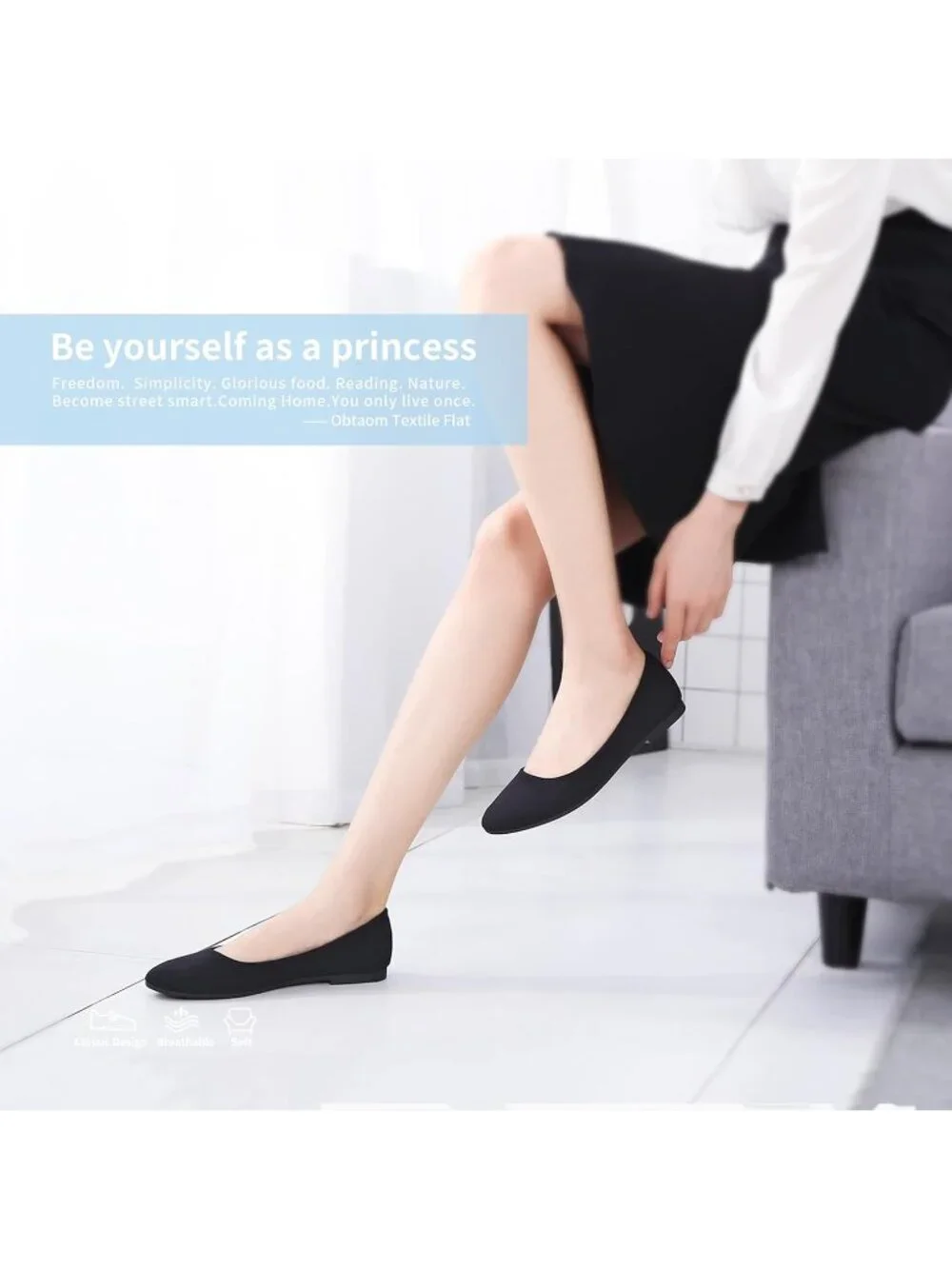 Women's Black Textile Round Toe Flat Shoes Slip on Dress Comfortable